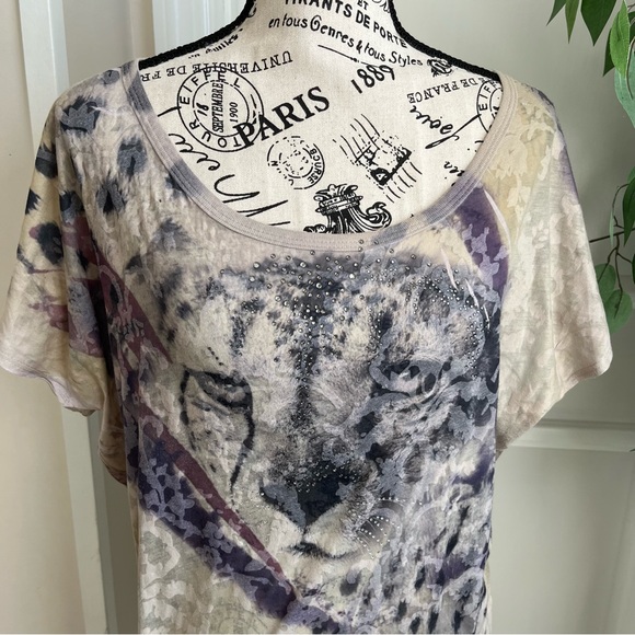 Mandee Short Sleeve Animal Print Rhinestone Sheer Top Cream & Gray Sz L - Picture 4 of 14